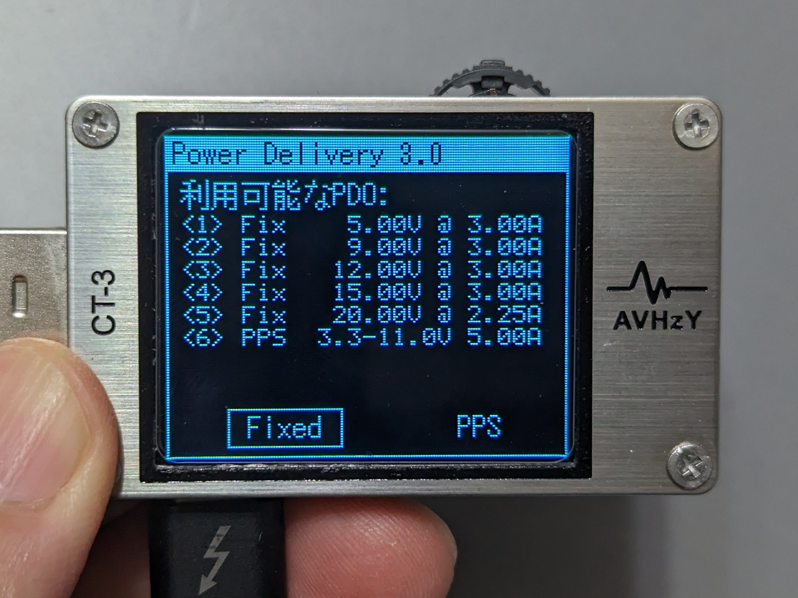 1ポートのみ利用時のPDO。最大45Wに対応する。VとAの掛け合わせも一般的な値
