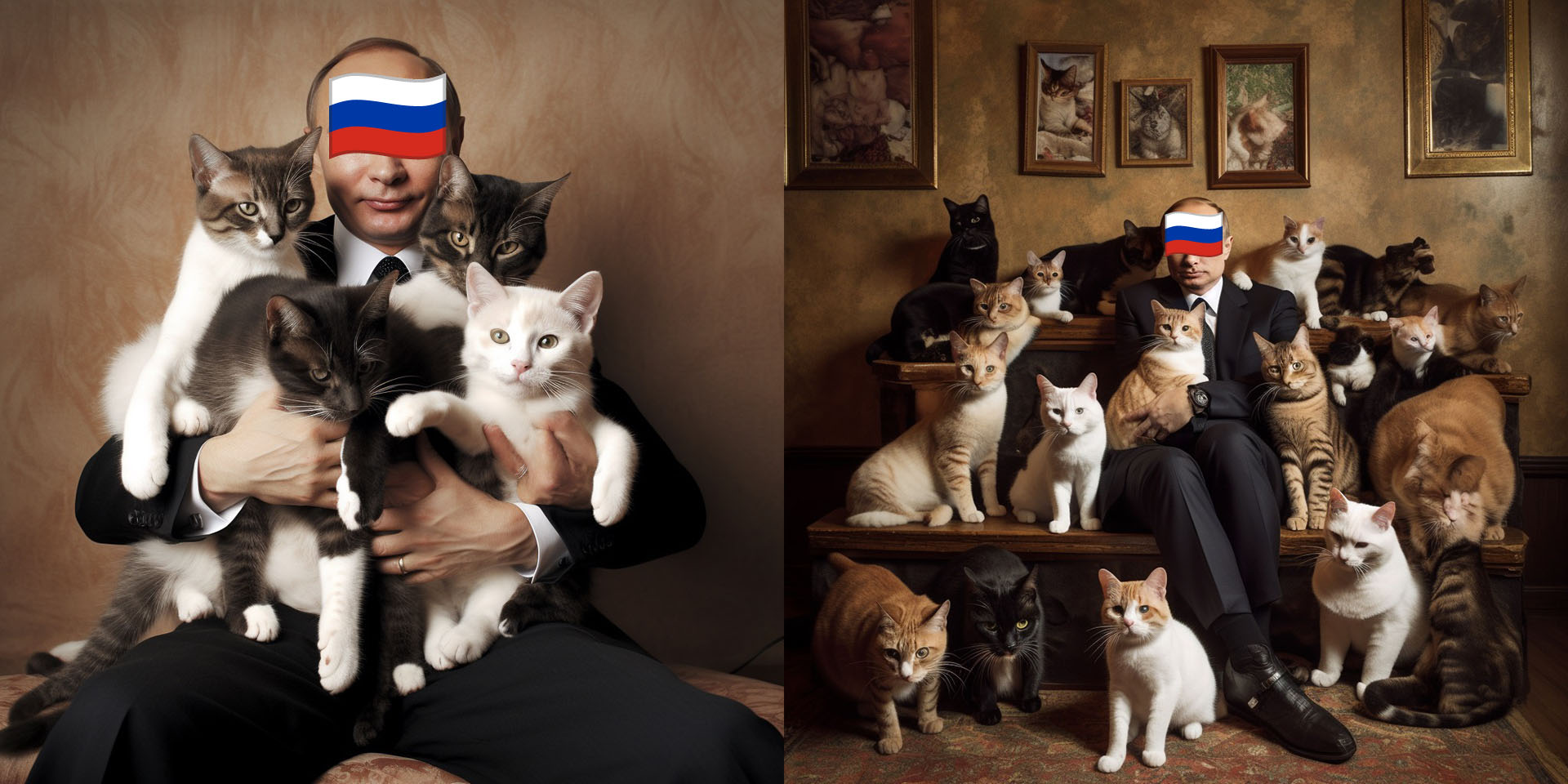 毎日のように世界中のテレビ画面に登場する大統領を生成。たくさんの猫に囲まれた某大統領、くらいのプロンプトでこれが生成される。すっげー、なんかこの人が平和的に見えてくる。