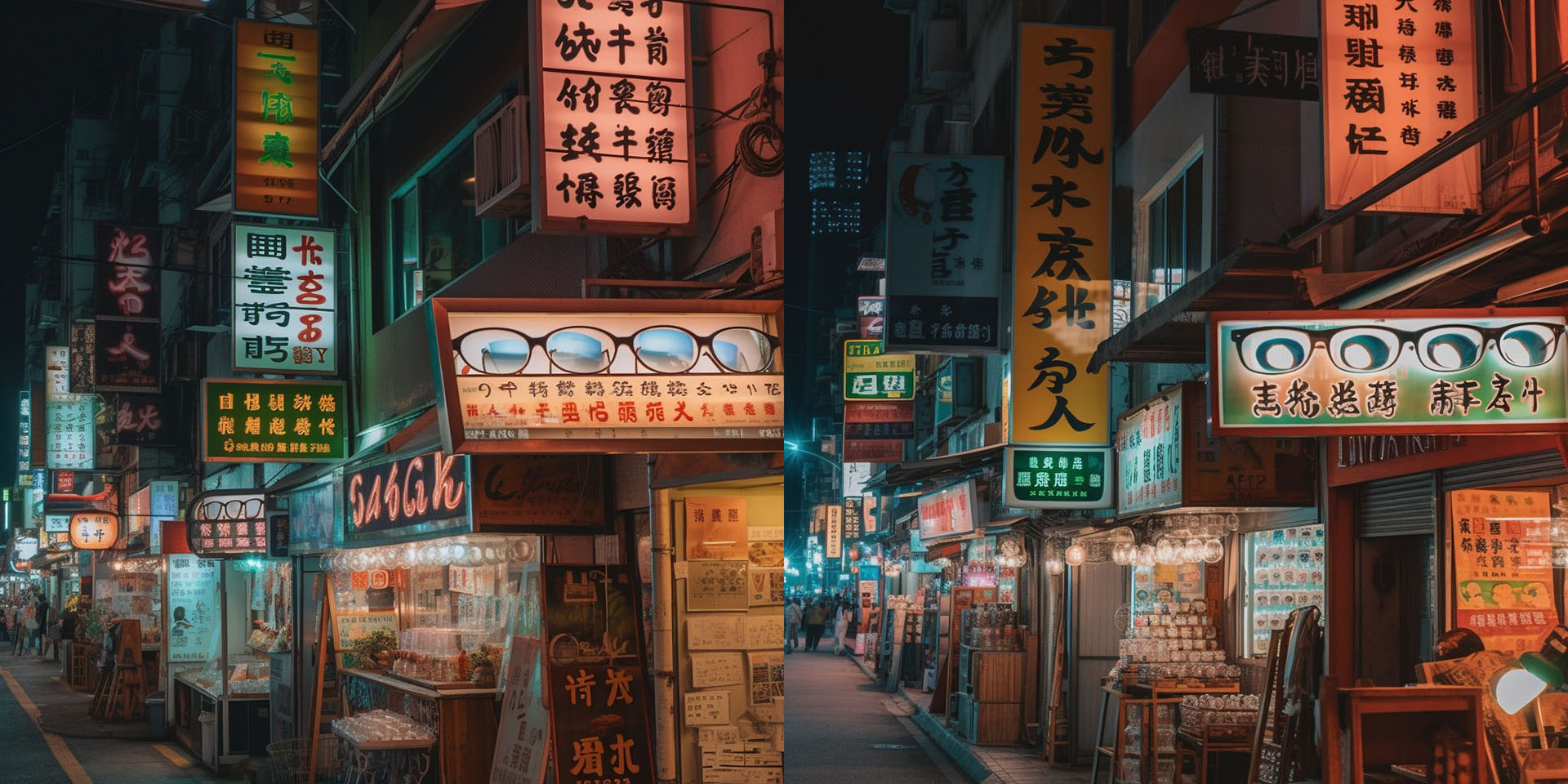 これは「メガネ専門店ばかりがある街」などとしたら生成されたもの。あら、メガネの看板が！　すごいじゃ〜んMidjourney！