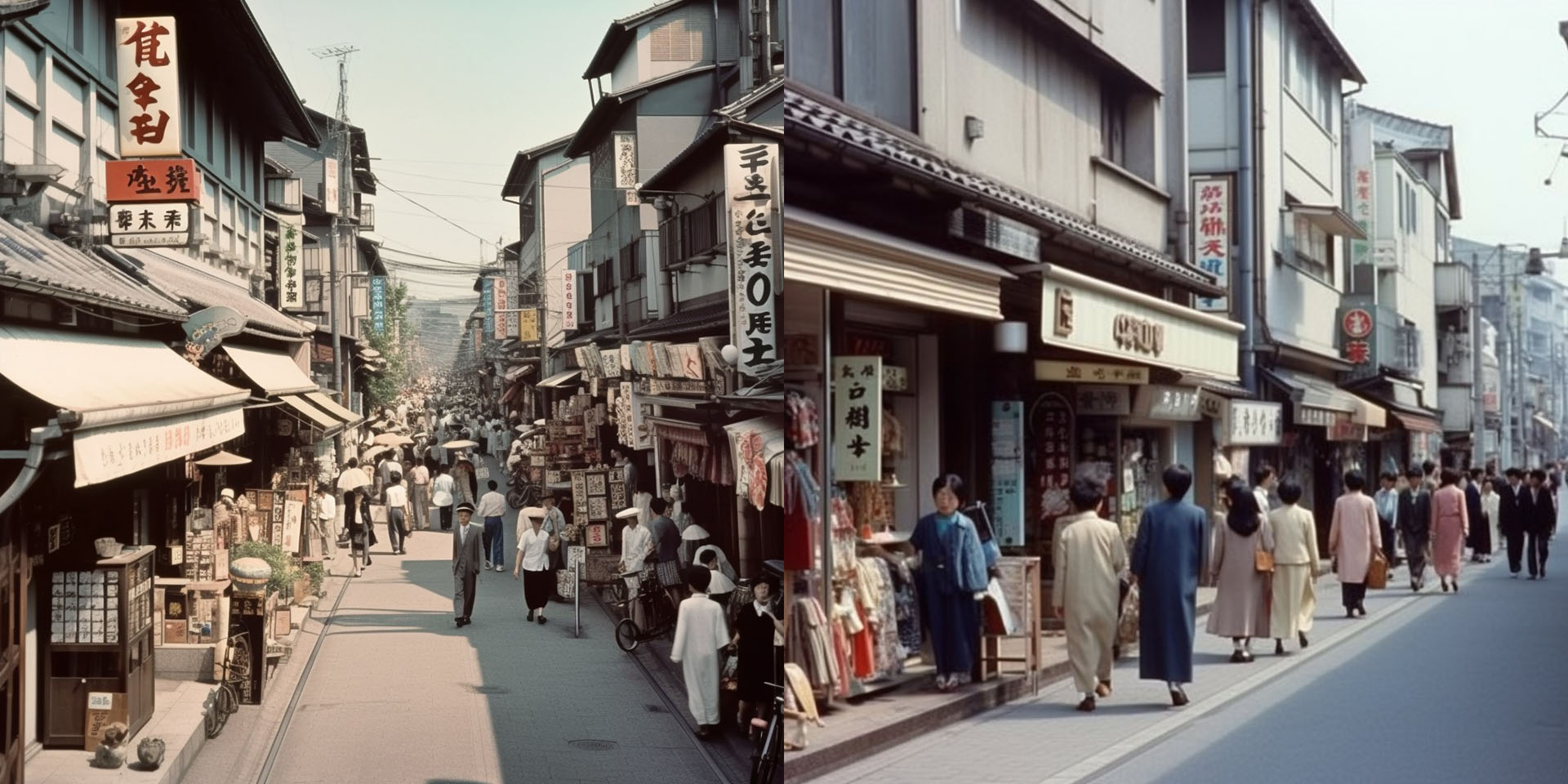 プロンプトをちょっと細かく調整すると……おーそうそう、こういう感じだよ昭和！　地元の商店街もこんな雰囲気だったと記憶している。50年くらい前だが。いやーでもよく日本の昭和の街を知ってるなーMidjourney！