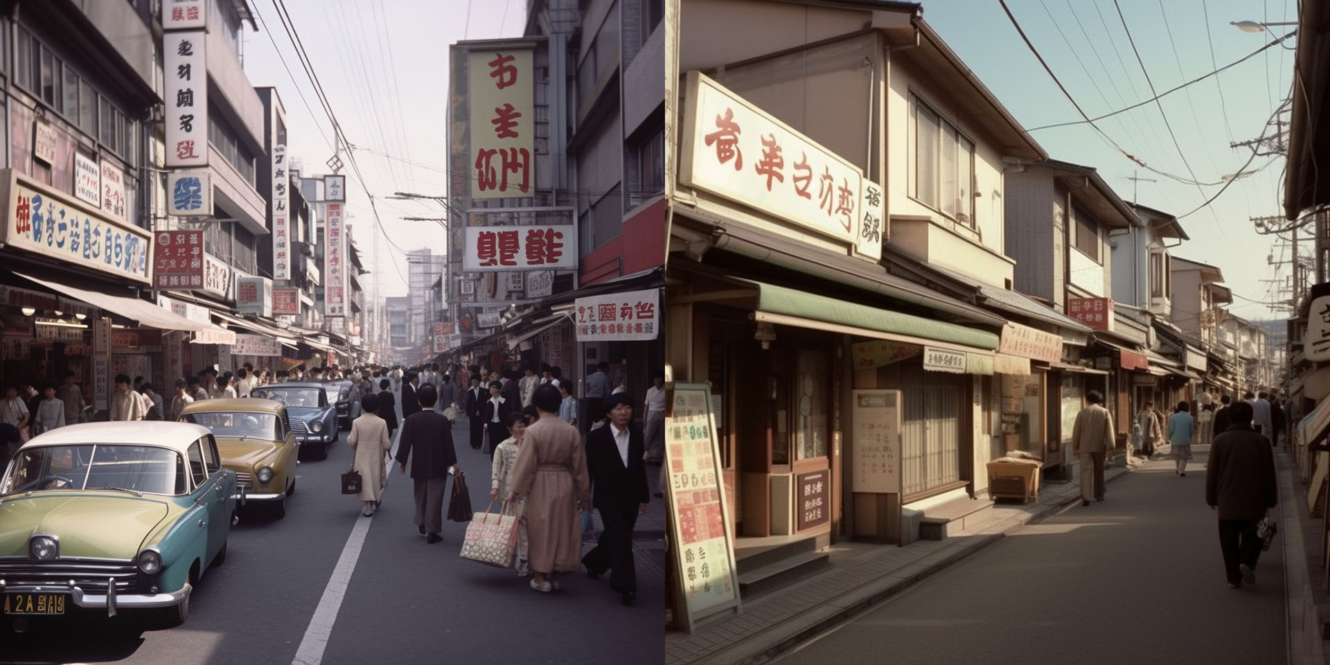 そうそうコレコレ。これが昭和だし。左の3眼のクルマは知らないけど、こういう雰囲気だった。クルマと人でごった返している、的な。右には看板建築っぽい家も……。