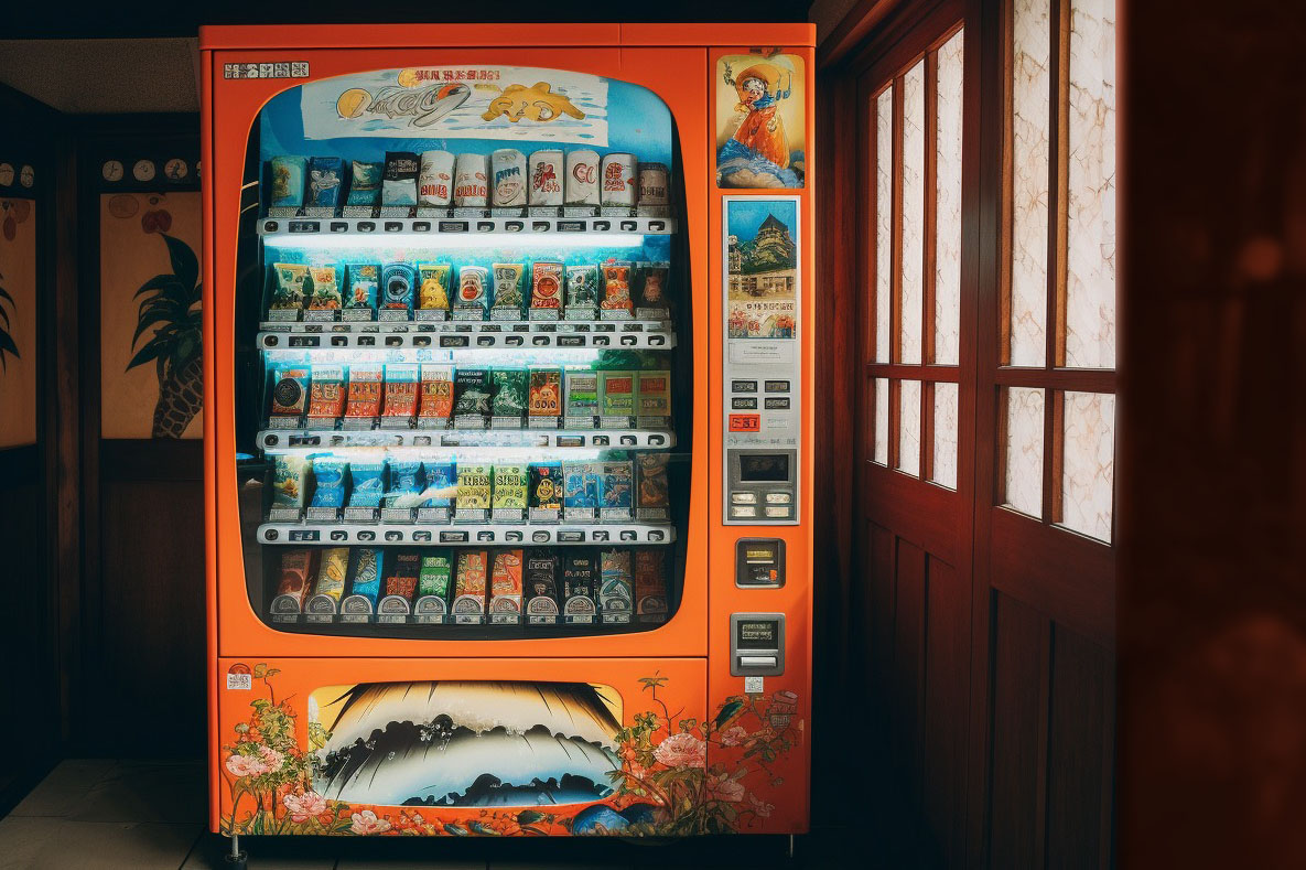 日本の街の風景には自動販売機が必須だろう！　ということで、Midjourneyに自販機を生成していただき、これを画像中に入れ込むことにした。