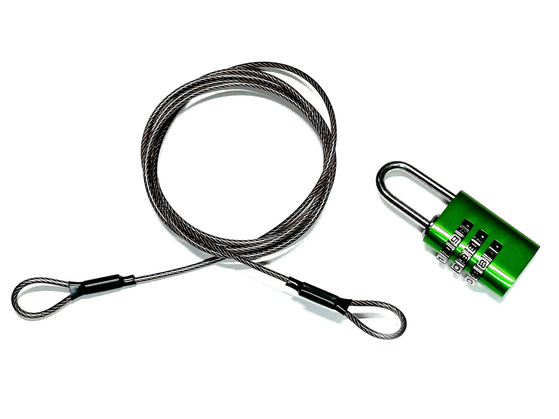 両端に輪があるワイヤーと南京錠。これを組み合わせて使った。