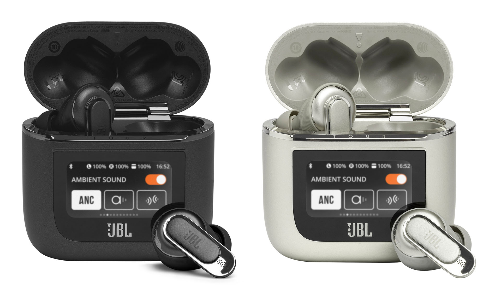 JBLの完全ワイヤレスイヤホン「JBL TOUR PRO 2」。イヤホンケース兼充電器に高機能なタッチ操作対応液晶ディスプレイが搭載されているのが大きな特徴だ。カラーはブラックとシャンパンゴールドがある。