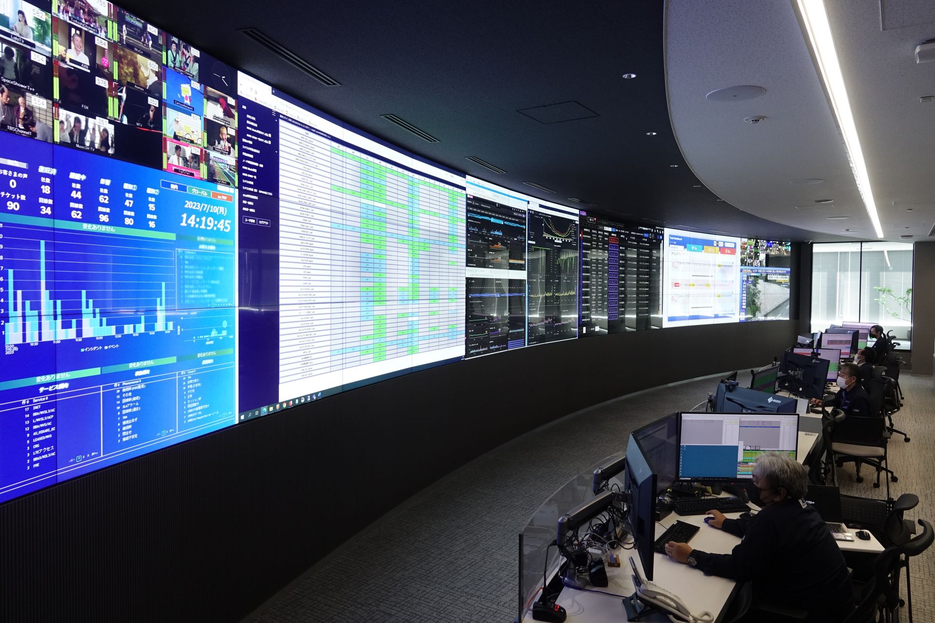 センター内の監視室には巨大なモニターが設置されており、全国の通信の状況などを確認できる