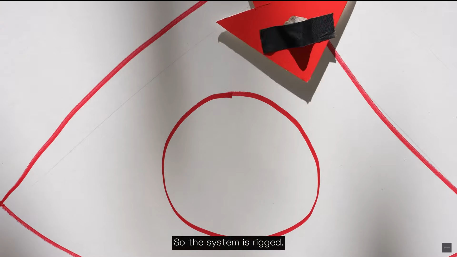 カール氏お手製のアイテム。おもりとなっている石が市場シェアを模しており、シェアが大きければ大きいほど普遍的なもの（下の的）しか作ることができないことを示している