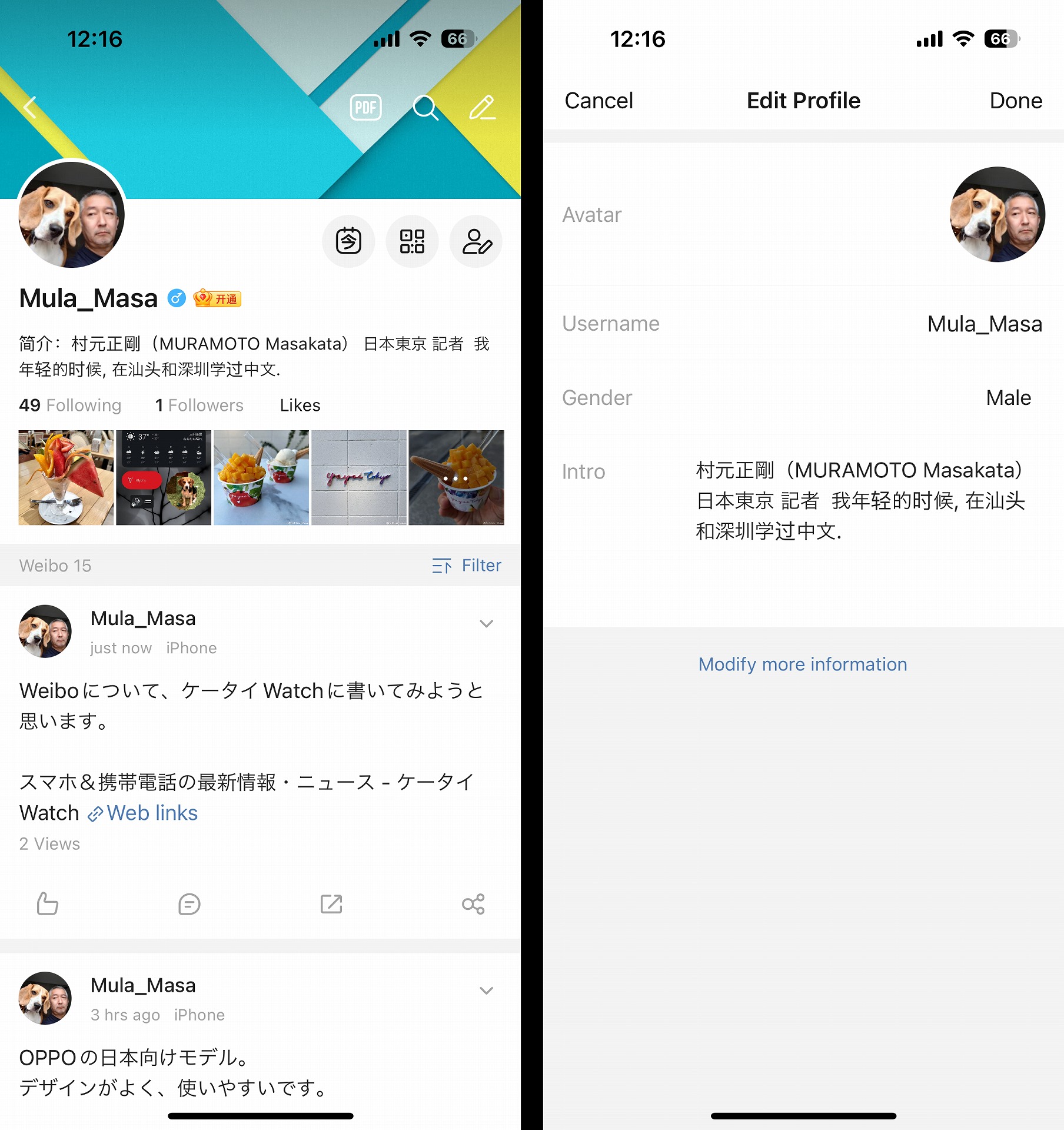 自分の画面の上のユーザーネームの部分をタップすると、自分のプロフィール画面（左）が表示。人とペンのアイコンをタップすると、ユーザーネームとプロフィールを変更できる（左）