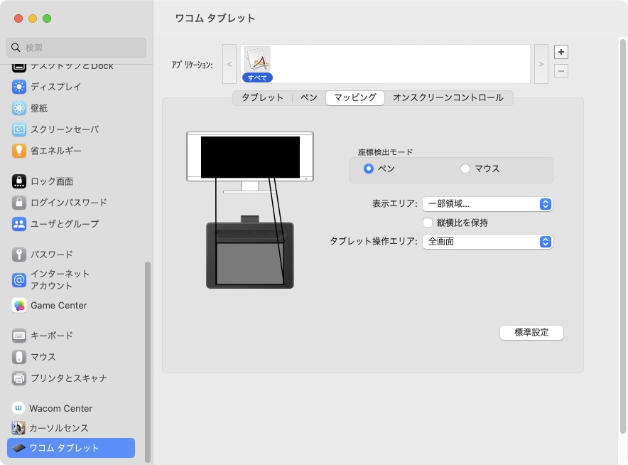 macOSにワコムのペンタブレット用ドライバーをインストールすると、システム設定に「ワコム タブレット」の項目が現れる。そのなかに「マッピング」という機能があり、これを設定することで、画面サイズ・アスペクト比に対するペンタブレットの使い勝手を調整していける。