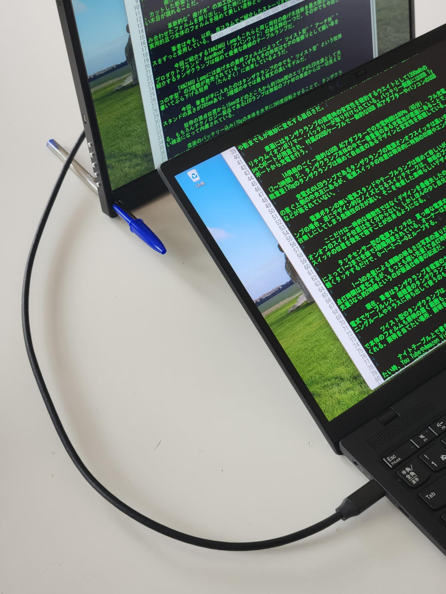今回は昨今にわかに流行の兆しのあるモバイルパソコンと外部モバイルモニターの上下配置によるマルチディスプレイ化を専用スタンドなしで前後配置だけで実現するのが目的だ。筆者は後部の外部モニターもモバイルパソコンと同一解像度設定でも違和感はない