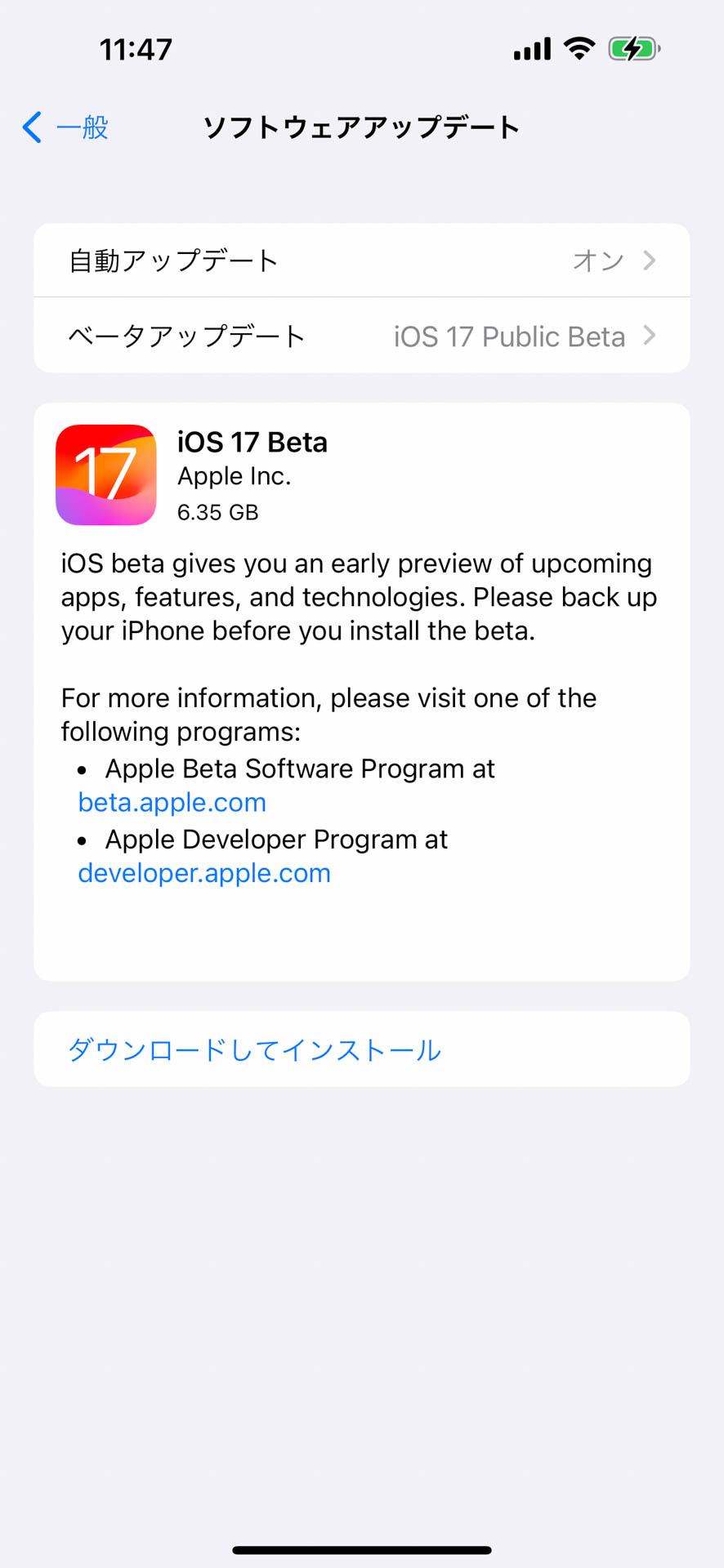 いつものOSアップデート画面でベータ版にアプデできる（要登録）
