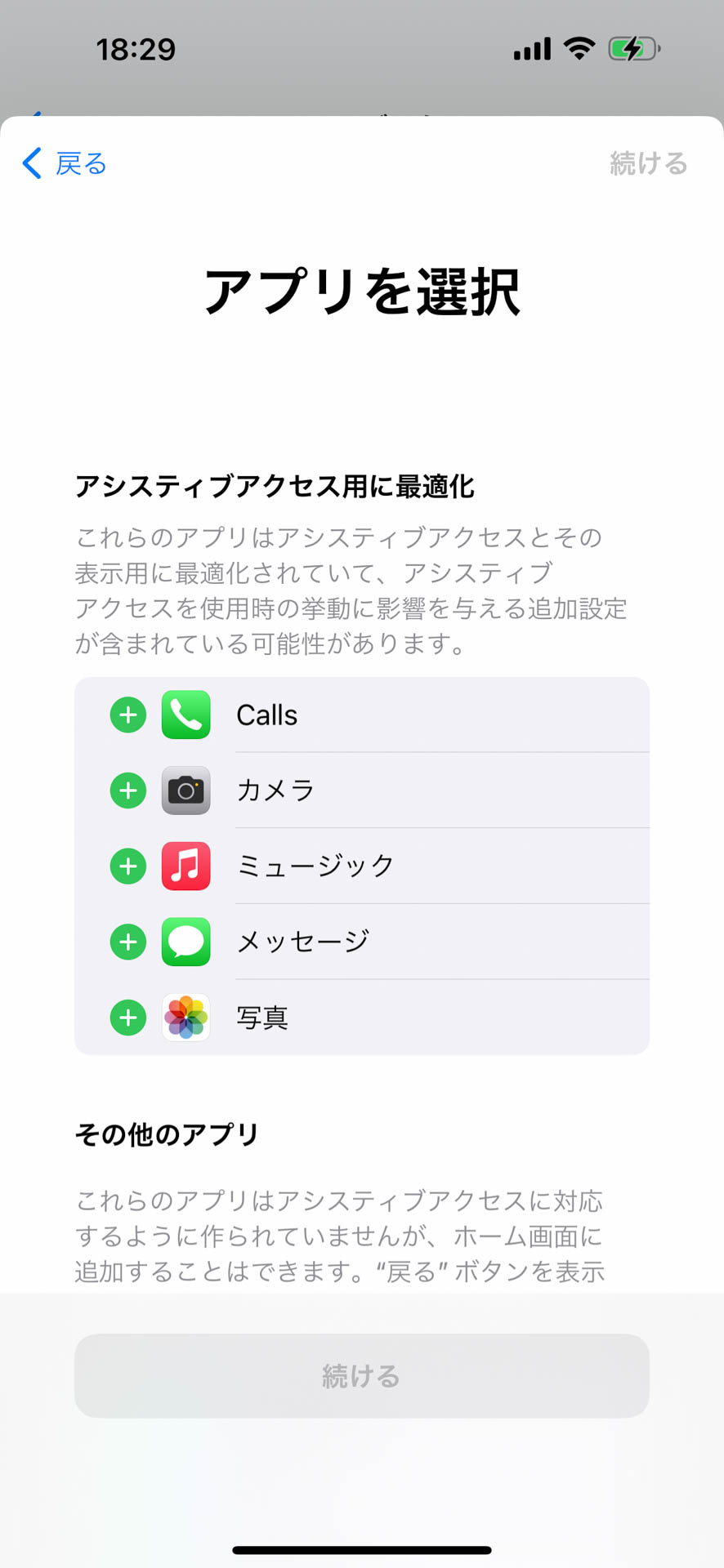 アシスティブアクセス初期設定時に、どのアプリを表示するかを選べる。最適化されているアプリについては、どのあたりの機能を使うかも選べる
