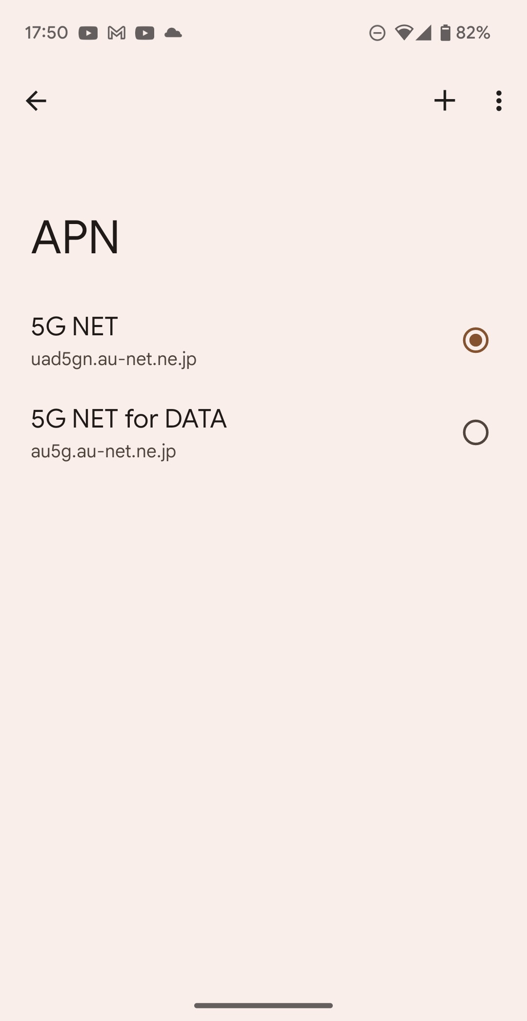 auのSIMカードを挿すと、auが提供する「5G NET」と「5G NET for DATA」が表示される