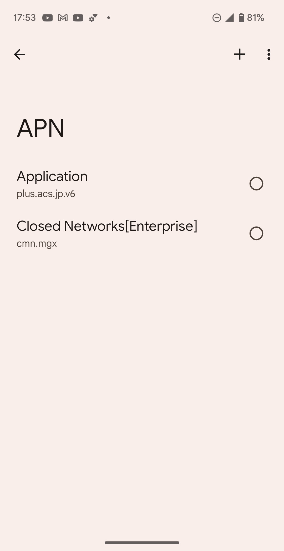 ソフトバンクのSIMカードを挿すと、ソフトバンクが提供する「Application」と「Closed Network［Enterprise］」が表示される。ソフトバンク網を利用したMVNOのSIMカードを挿しても同じ