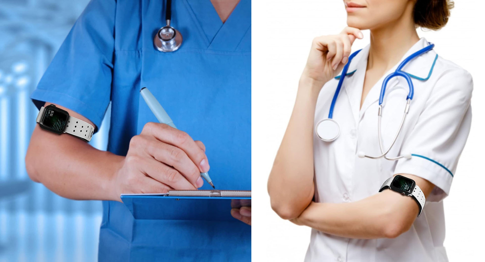 医療関係者でもApple Watchを常時使えるよう、上腕にも装着できる（手首だとWatch周辺に菌や汚れが付着しやすい）。