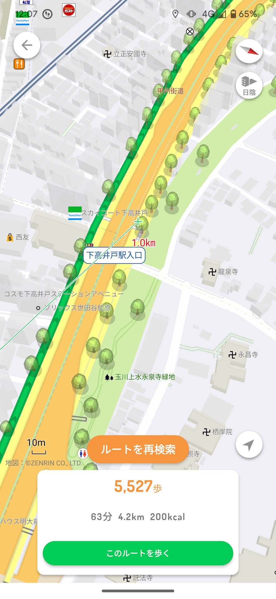 地図を拡大すると「並木道」が木のアイコンで表現される