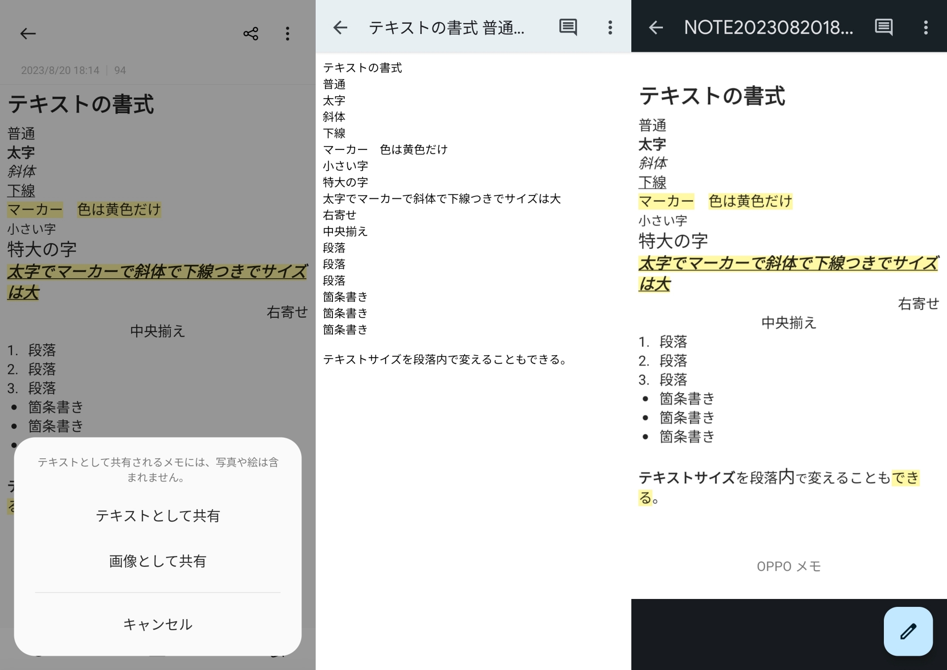 メモは「テキスト」または「画像」で共有可能。真ん中と右はGoogleドライブに「テキスト」と「画像」でアップロードしたものだ