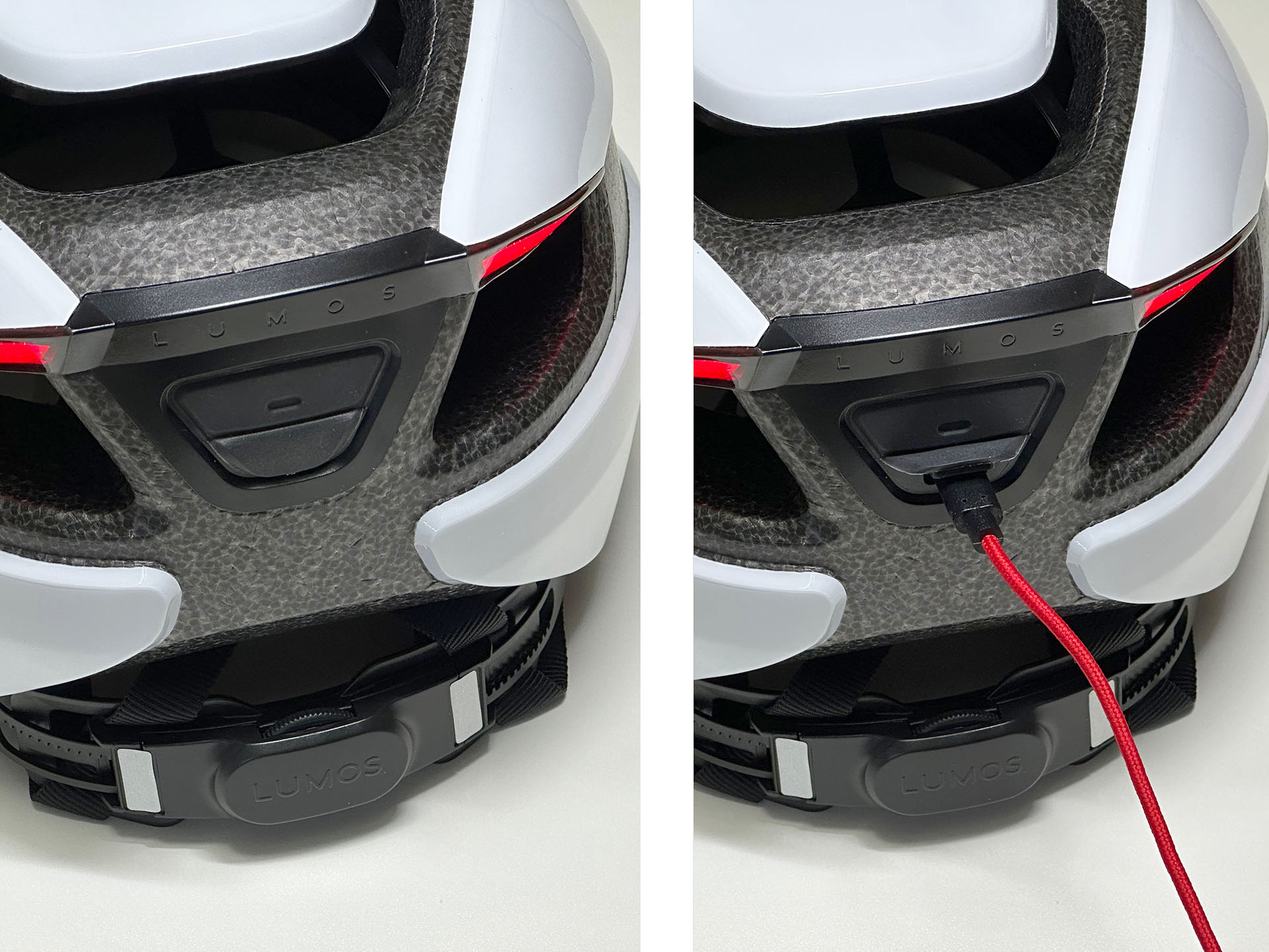 ヘルメットへの充電は付属のUSB-A/USB-Cケーブルで行う。ヘルメット側がUSB-C。位置は後方のスイッチ下部（カバー下）。（電装関連の）防水等級はIPX6で、あらゆる方向からの強い噴流水による有害な影響がない耐水形。