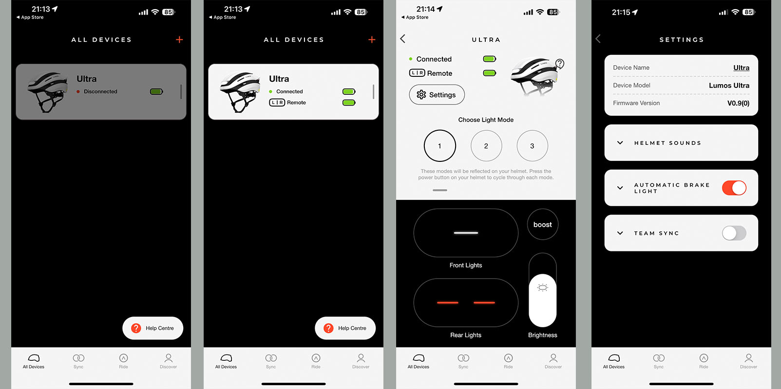 スマートフォンアプリ「Ride Lumos」の表示例（iOS版）。アプリでスマートフォンとペアリングして使う。以降、LUMOS Ultraの電源が入ると、アプリ上でヘルメットやリモコンの電池残量がわかる（2枚目）。3枚目はライトの点灯パターン設定、4枚目は自動ブレーキやヘルメット発光時の音の設定。ひとつのプリセットは、前後LEDライトの発光パターンのセットとなっているが、前後LEDライトの発光パターンは個別にカスタマイズできる。