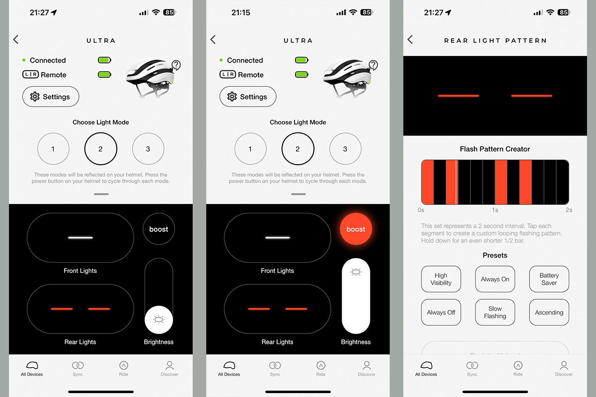 ヘルメットのLEDライトは3種類の発光パターンをプリセットとして保持しており、ヘルメットの電源ボタンを押すことでプリセットが順に切り替わる。アプリを使うとこのプリセットを自由にカスタマイズすることができる。