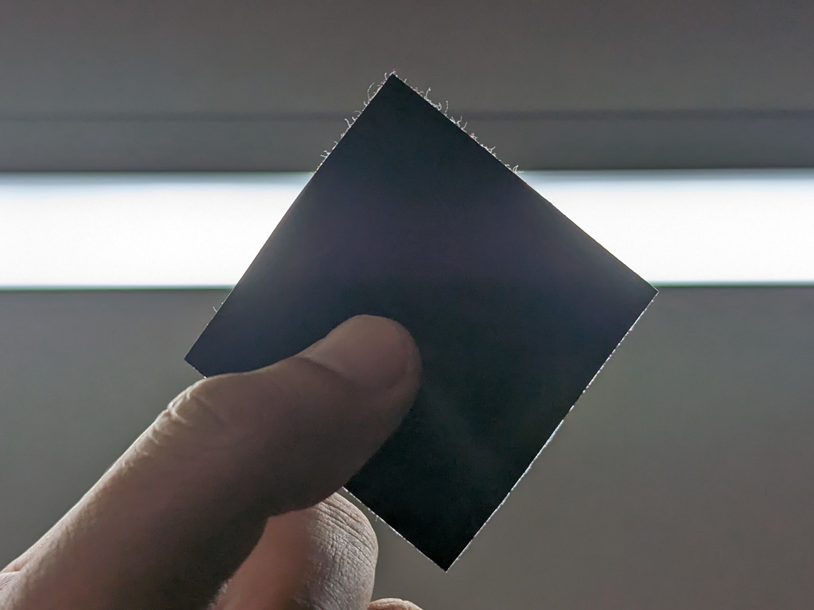 蛍光灯にかざしたところ。光を完全にブロックしているのが分かる