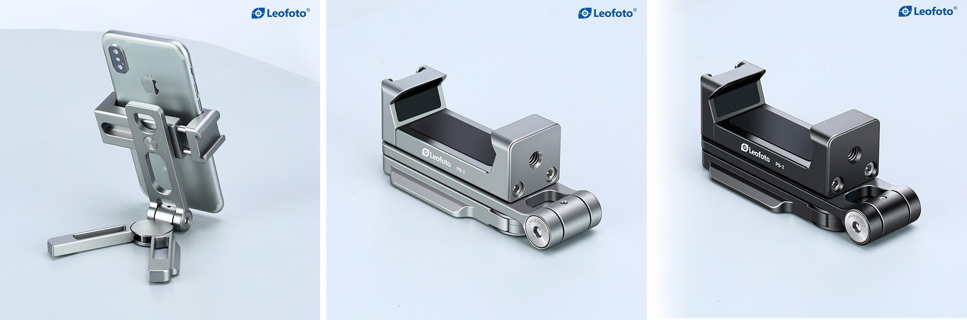 Leofoto「自立型スマートフォン用スタンドホルダー（アルカスイス互換）PS-2」はアルミ製のスマートフォンホルダー。1台3役と言えるホルダーで、卓上ホルダー、1/4インチネジ穴付き三脚装着用ホルダー、アルカスイス互換三脚装着用ホルダーとして使える。メーカー価格1万3200円。カラーはシルバーとブラックがある。