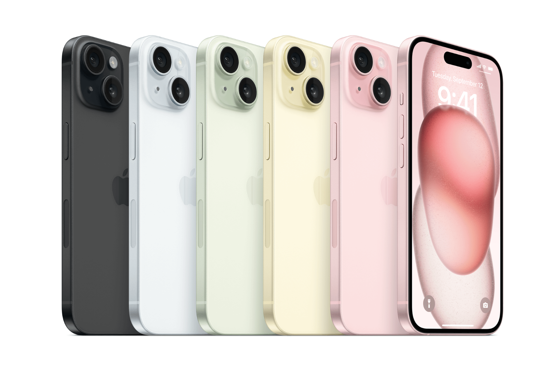 iPhone 15/15 Plusシリーズのカラーバリエはブラック、ブルー、グリーン、イエロー、ピンクの5色