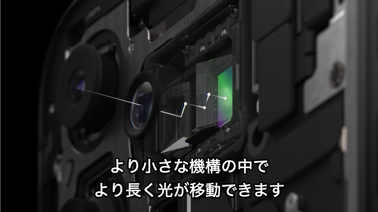 iPhone 15 Pro Maxの望遠カメラに搭載されたテトラプリズムによって光学5倍の撮影が可能。望遠での撮影時にブレを抑えるため、3Dセンサーシフト光学式手ぶれ補正と、3つの方向に動くオートフォーカスモジュールも開発。