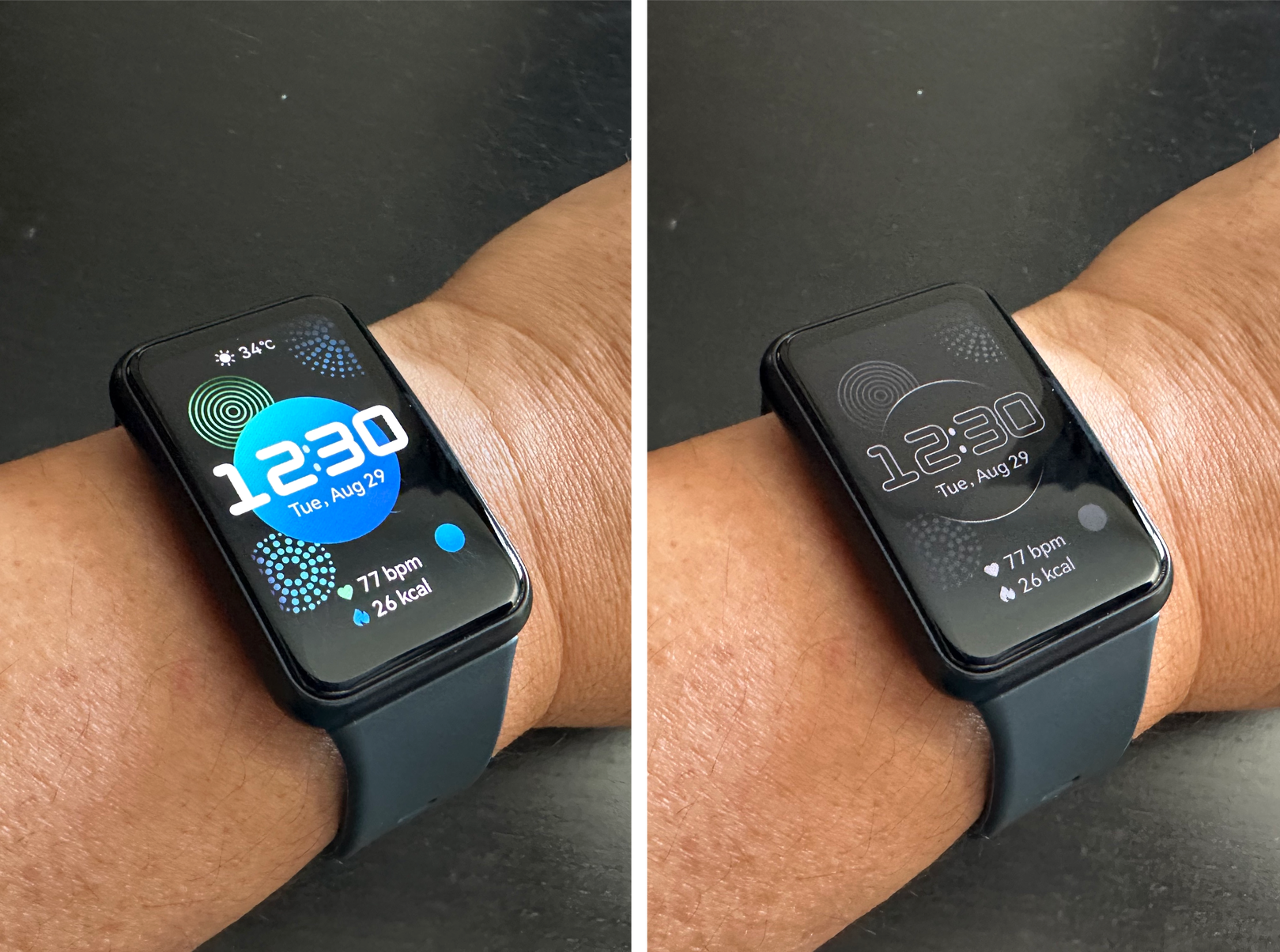 ある文字盤の通常表示（左）と常時表示（右）