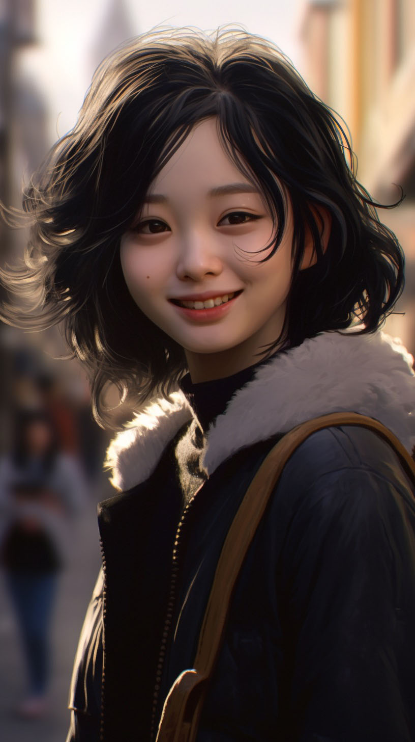 Midjourneyでプロンプトに「カーリーヘアでショートカットの女の子、笑顔」といったプロンプトで生成した画像。