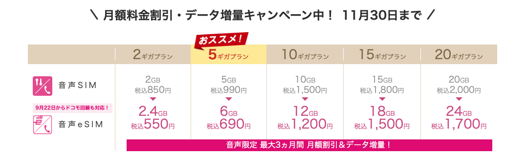 音声eSIM（タイプD）の料金プランは物理SIM、音声eSIM（タイプA）と同じ。11月30日までキャンペーンで月額料金の割引とデータ容量の増量がある。