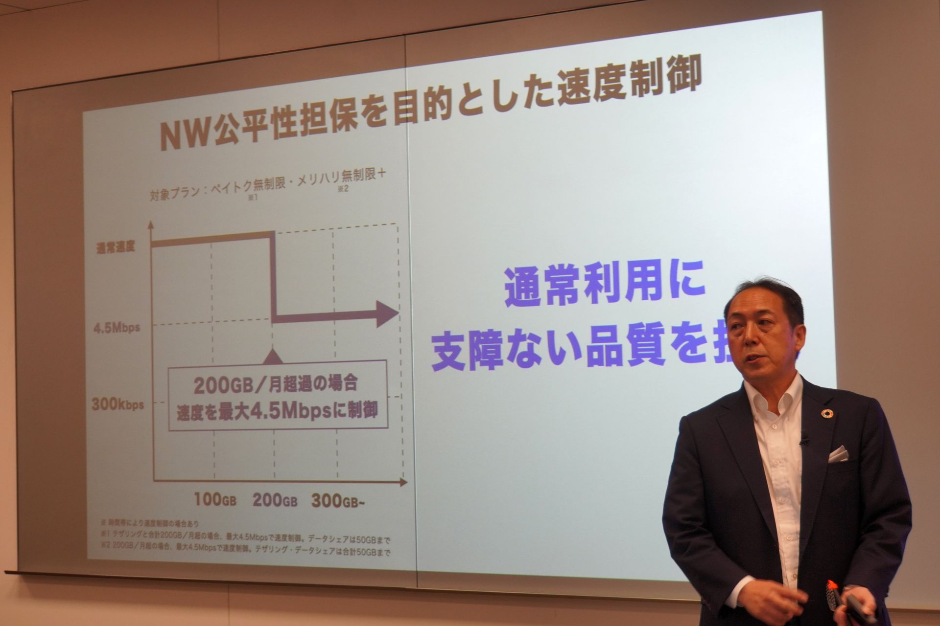 新料金プランの無制限は、200GBで通信速度に制限がかかる。制限後も4.5Mbpsと比較的速度は高いものの、スロットリングがかかるのも事実だ