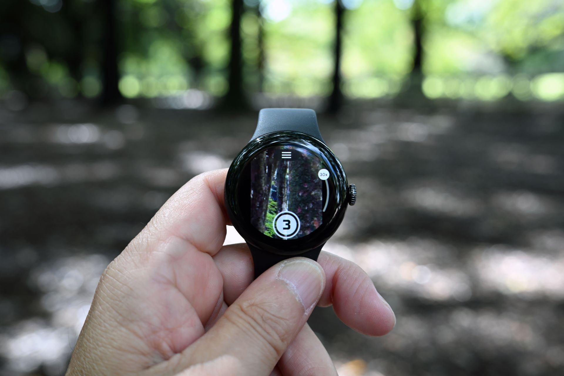 「Pixel Watch 2」から30倍までのズームイン操作を行っているところ。