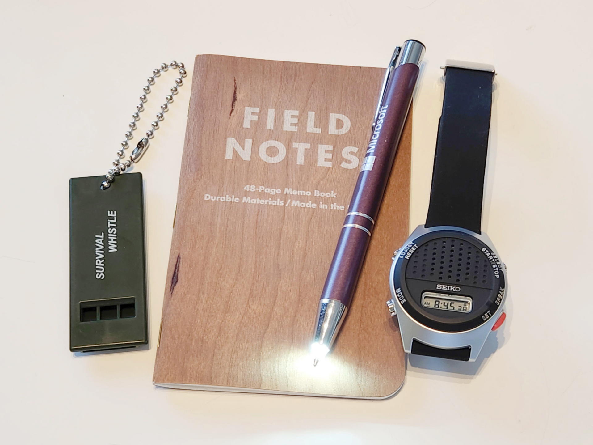 小さなメモや暗闇でも書けるライト付きボールペン、トーキングウオッチ等と一緒に活用したい