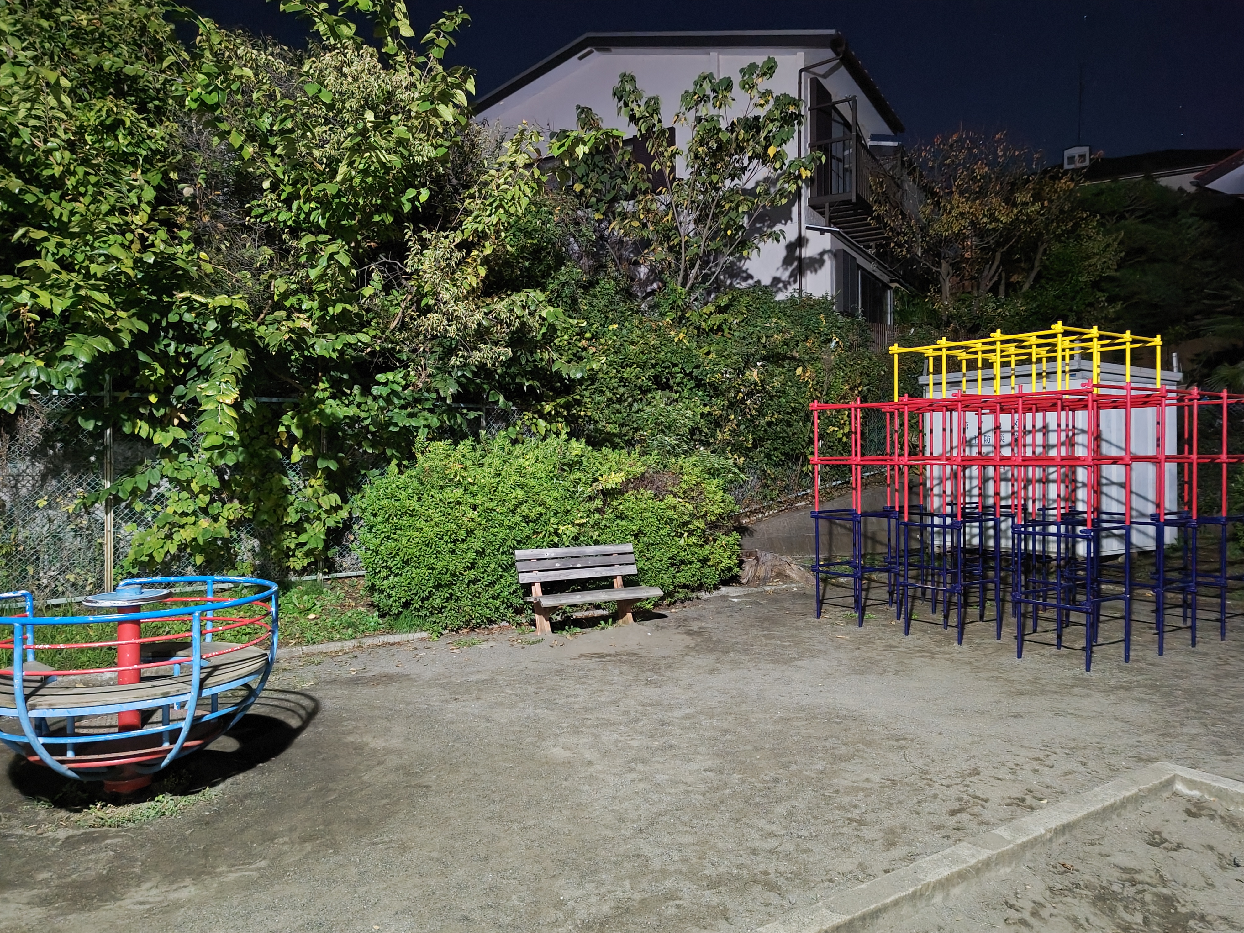 夜の公園。目で見る景色だと、植物の緑はここまで鮮やかではありませんでした