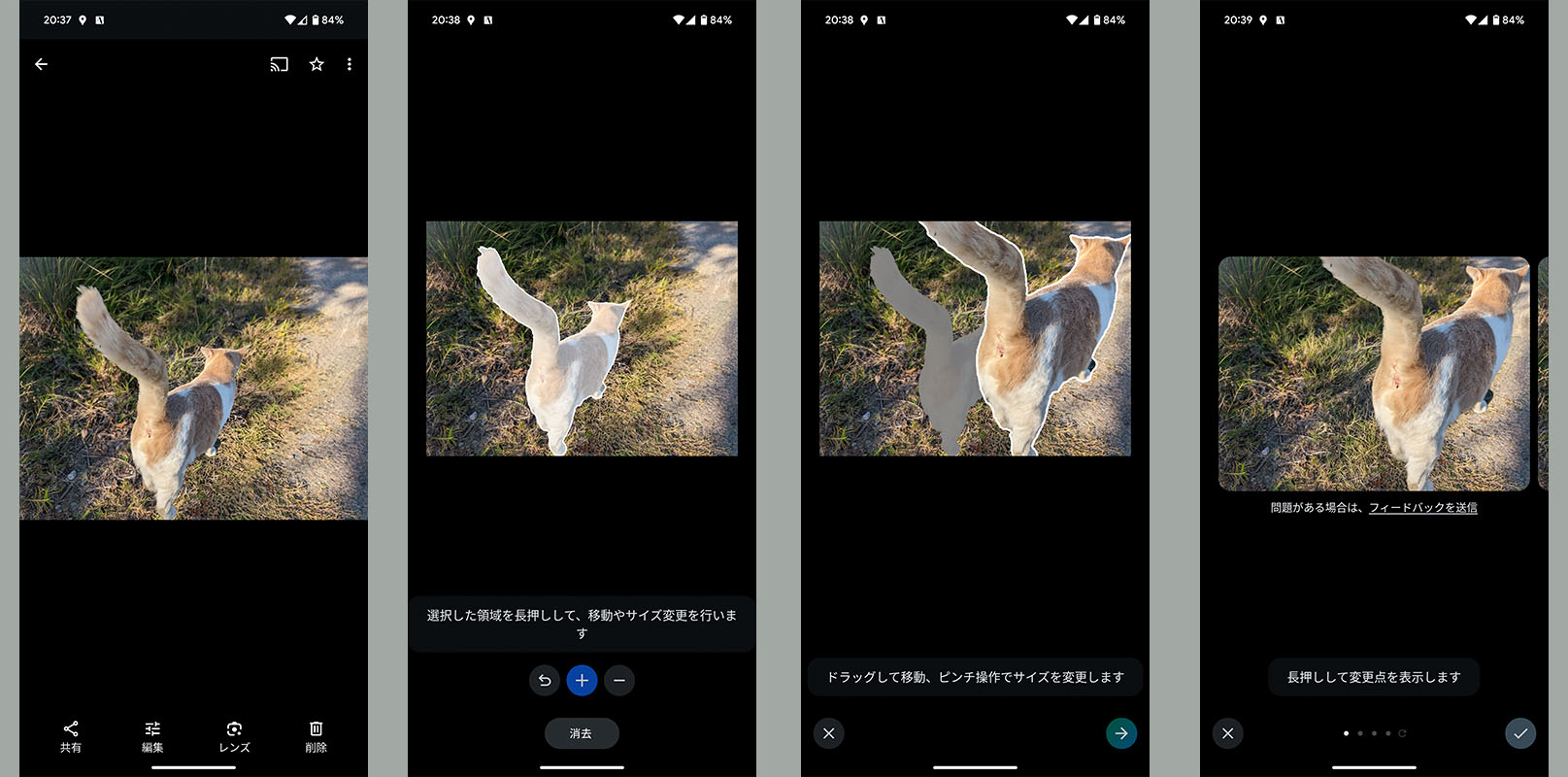こちらは猫を選択しサイズを変えて移動したもの。猫がいた元の位置は地面が生成されて自然な見栄えになる。消しゴムマジックでも似たことができるが、消しゴムマジックの消し方はもうちょっと雑で不自然なことがある。