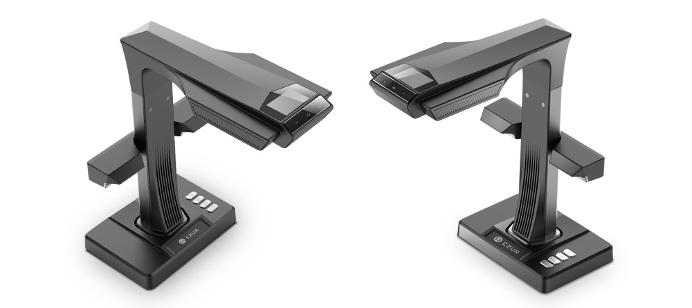 CZUR（シーザー）「ET24 Pro」はこんなハードウェア。画像は左右から見た図で2台セットではない。