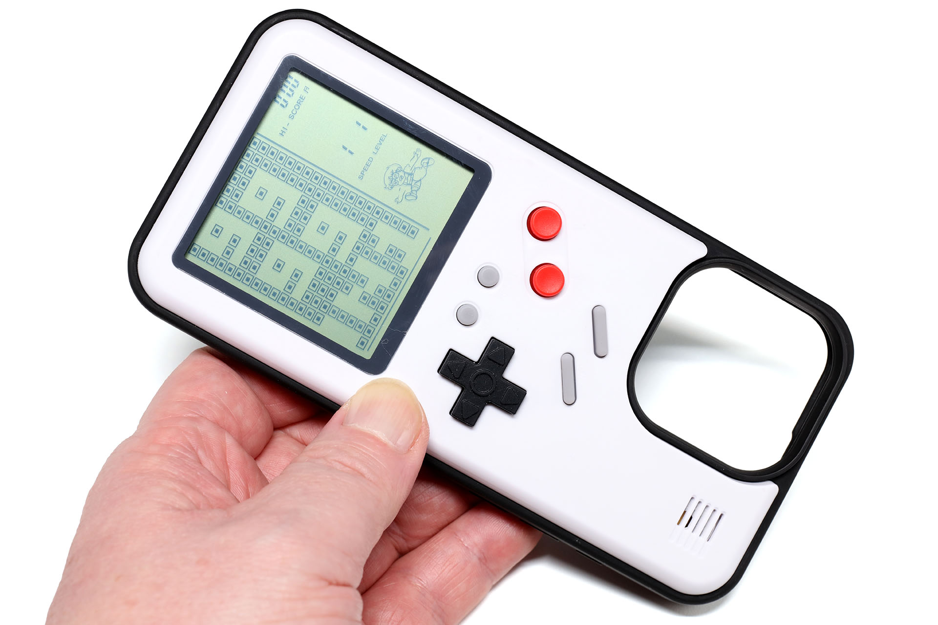 iPhone 15 Pro Max用のゲームボーイ風ケース。1980円で購入。 ほかのiPhoneに対応するケースもあった。