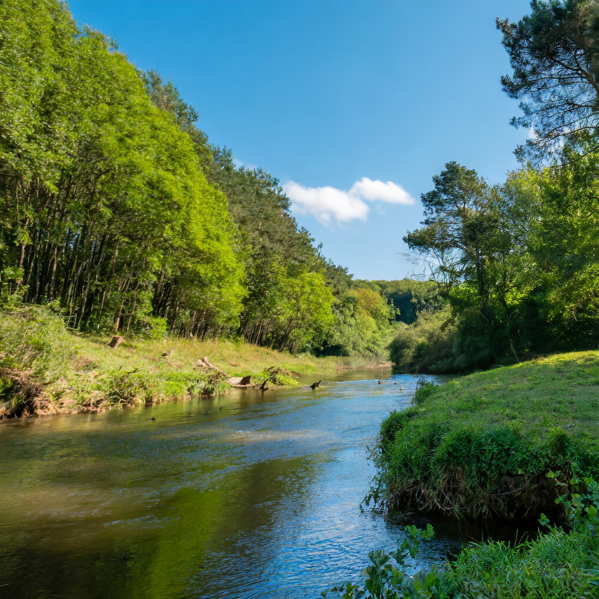同じ「森林　真ん中に川　左下に狐　青空」というプロンプトで、右は「アート」と「ファンタジー」のスタイルを追加して生成したところ