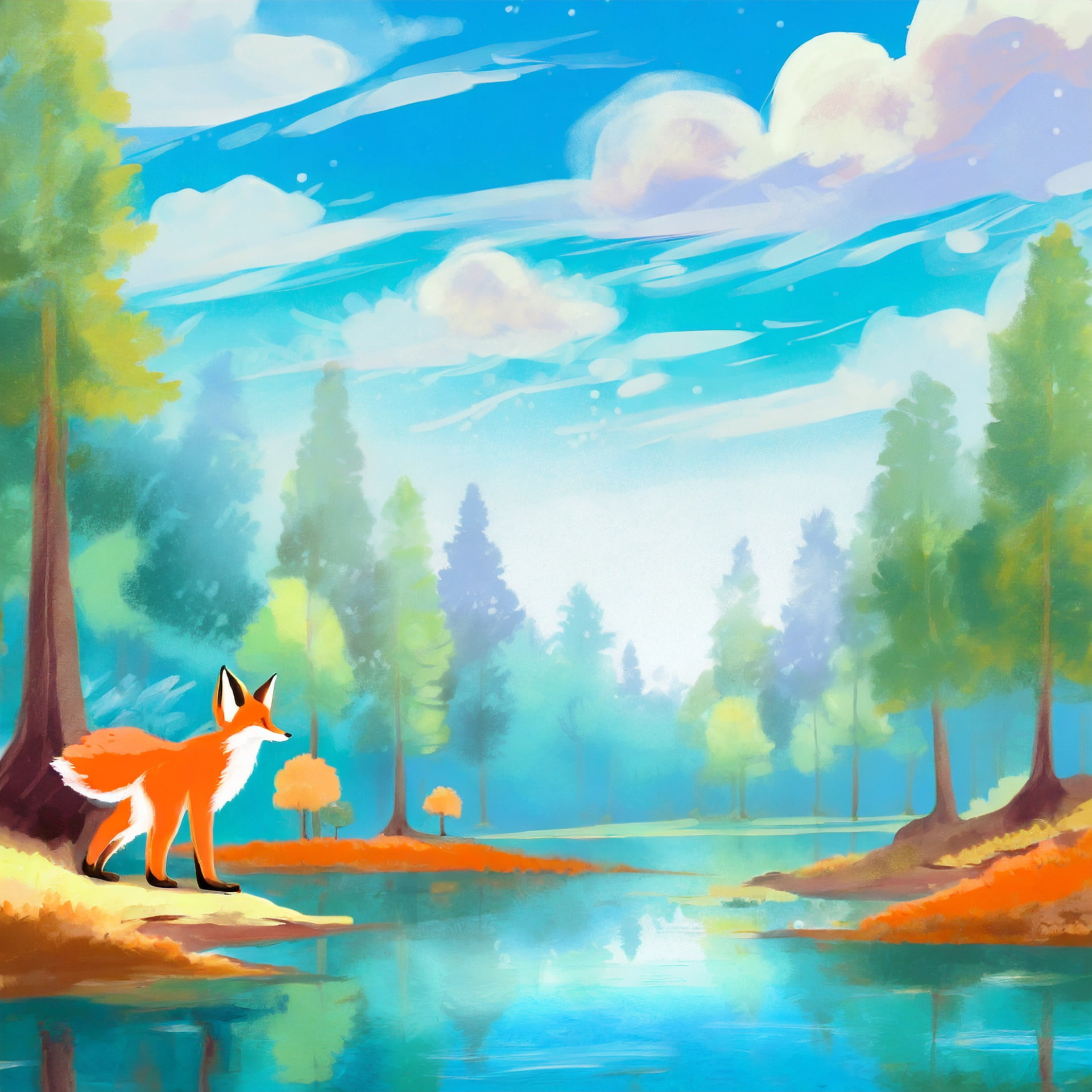 同じ「森林　真ん中に川　左下に狐　青空」というプロンプトで、右は「アート」と「ファンタジー」のスタイルを追加して生成したところ