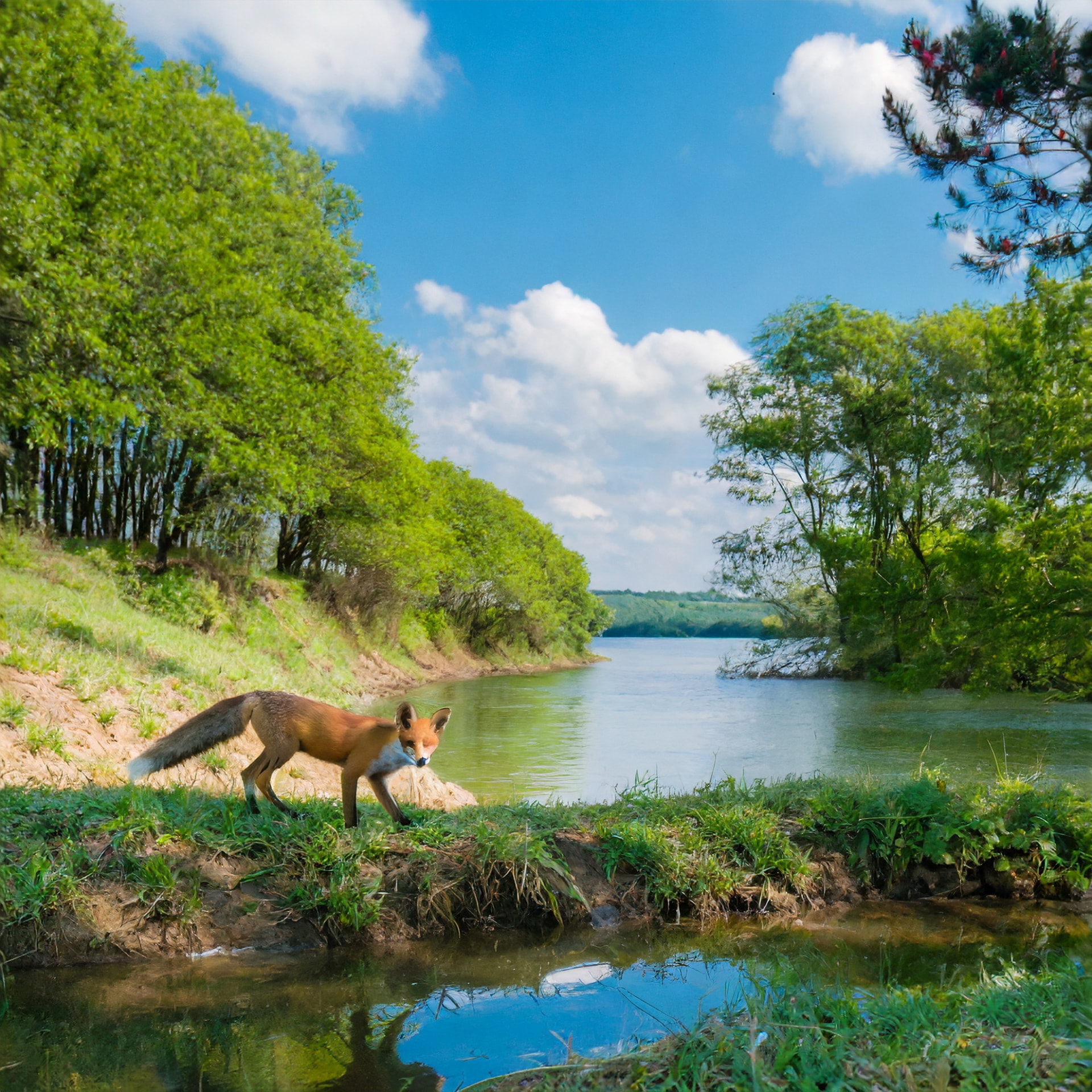 「森林　左下に狐　青空　真ん中に川」と語順を並べ替えてみたところ、右は「アート」と「ファンタジー」のスタイルを追加。狐がメインに据えられている