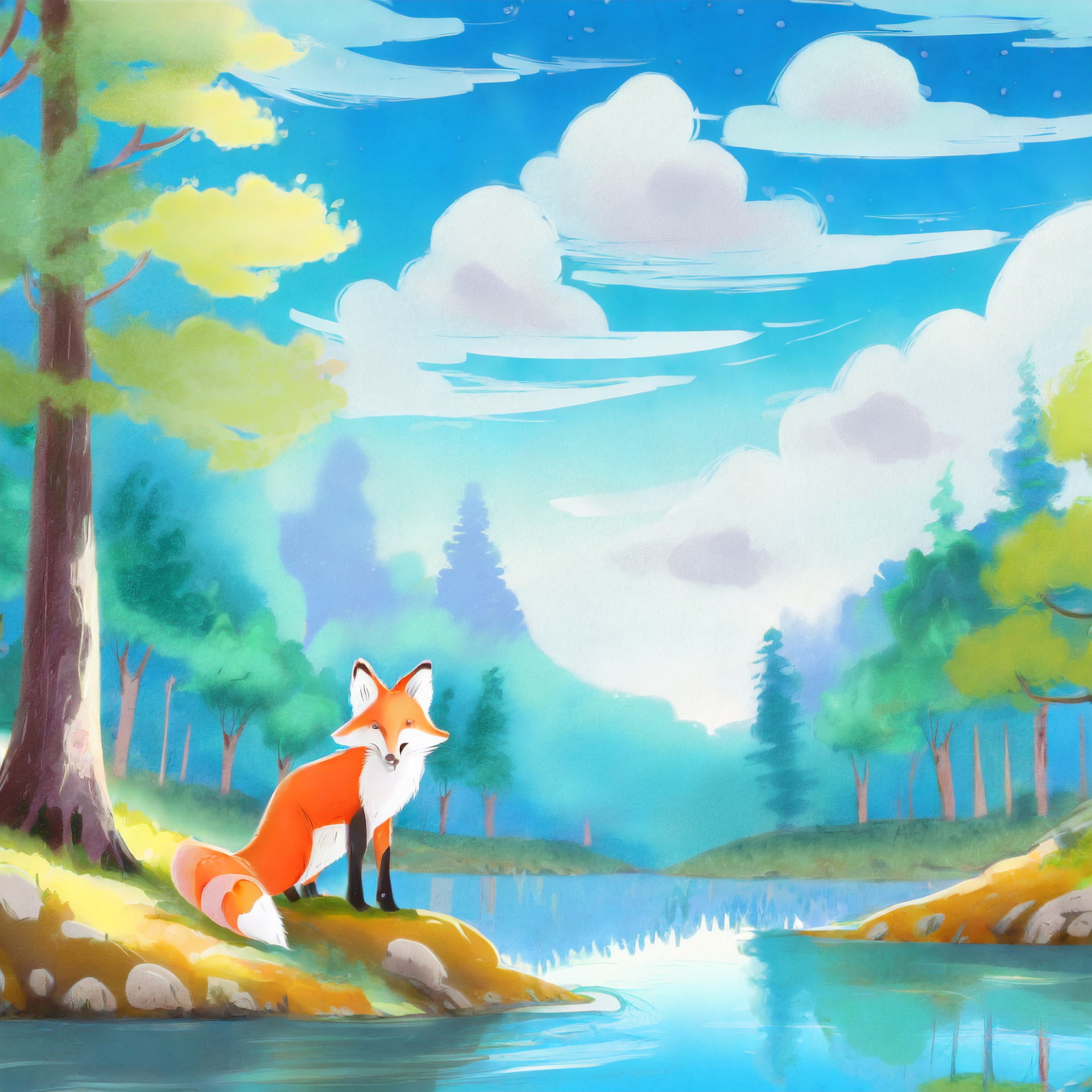 「森林　左下に狐　青空　真ん中に川」と語順を並べ替えてみたところ、右は「アート」と「ファンタジー」のスタイルを追加。狐がメインに据えられている