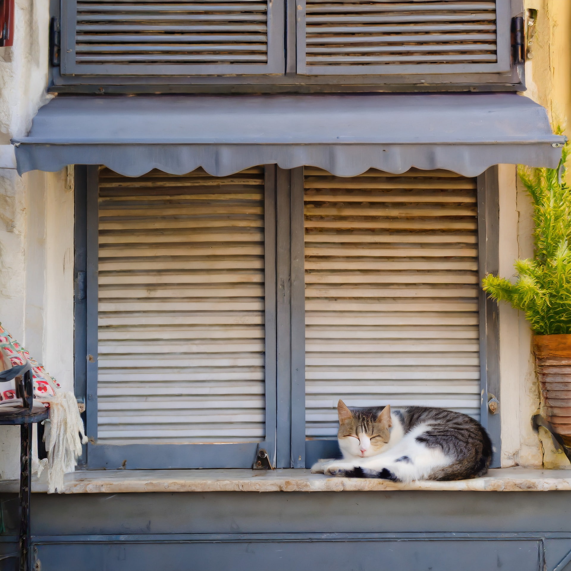 「閉店　店　シャッター　猫　寝ている」で生成