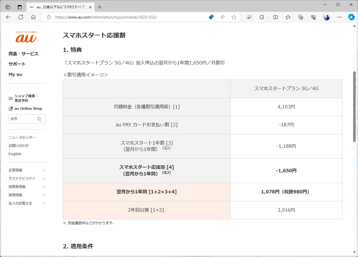 auのスマホスタート応援割には、親への還元がない。そのぶん、割引額が大きめで、ソフトバンクと比べると年間の料金は安くなる