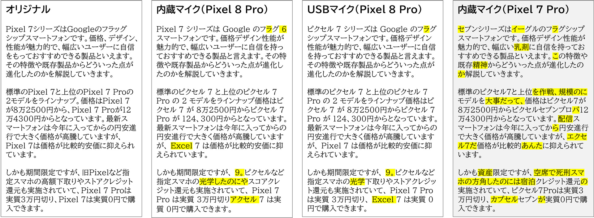 音声認識の比較結果。黄色マーカーは明らかに誤認識している箇所