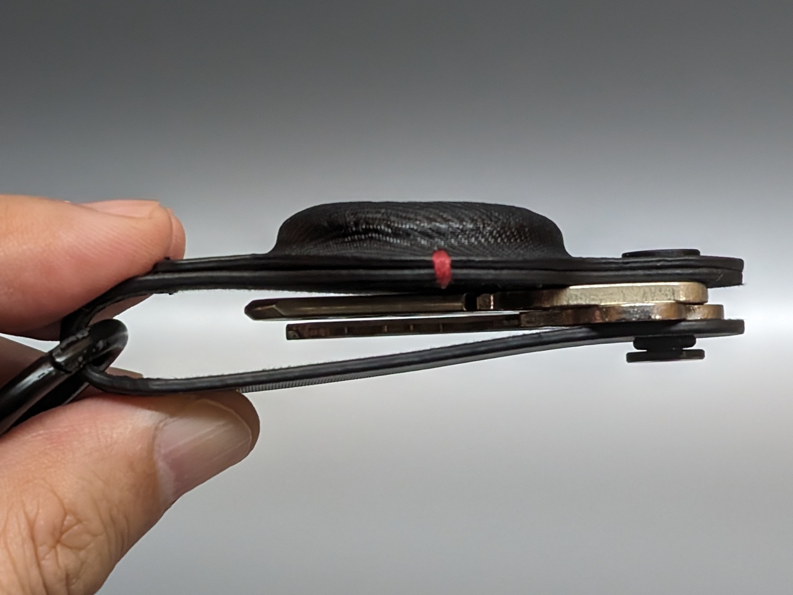 横から見たところ。最大5つ程度のカギを挟めるとしているが、筆者は2つで運用している