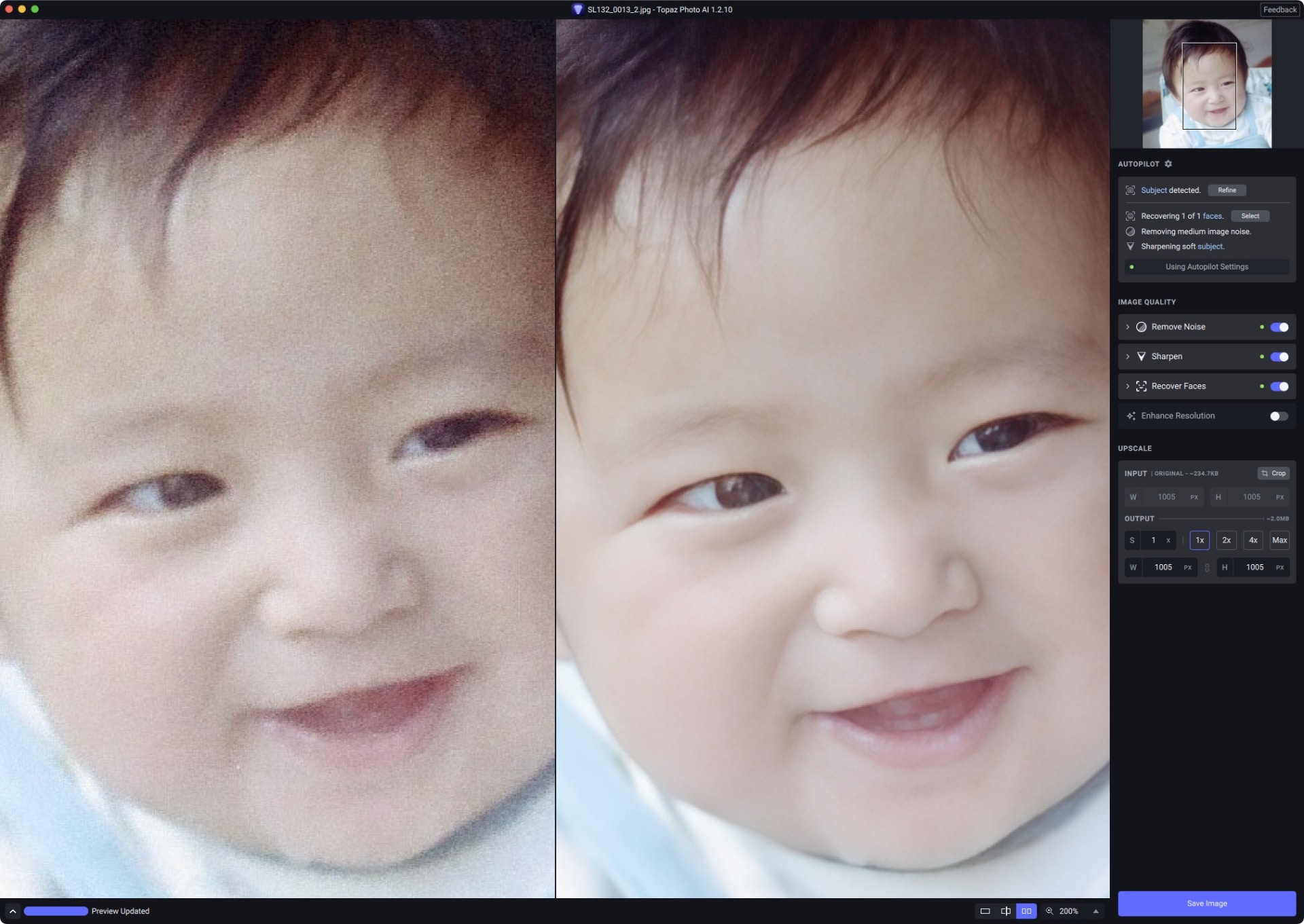 こちらは「Topaz Photo AI」アプリ。古い写真などを高解像度化（アップスケール）しつつ美化できる。左が処理前で右が処理後。むか〜しの写真がキレイになった！
