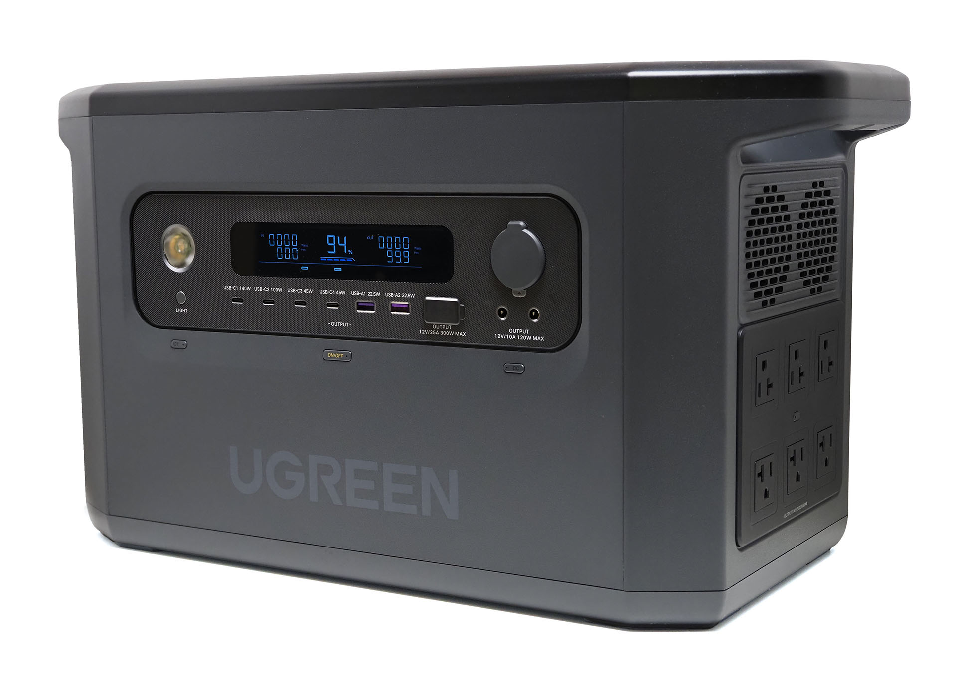 これはUGREENの「PowerRoam 2200」というポータブル電源。容量は2048Whで、定格出力が2000Wもある。500W電子レンジなら3.5時間、1200W電気ケトルなら1.5時間、900Wドライヤーなら2時間使える。