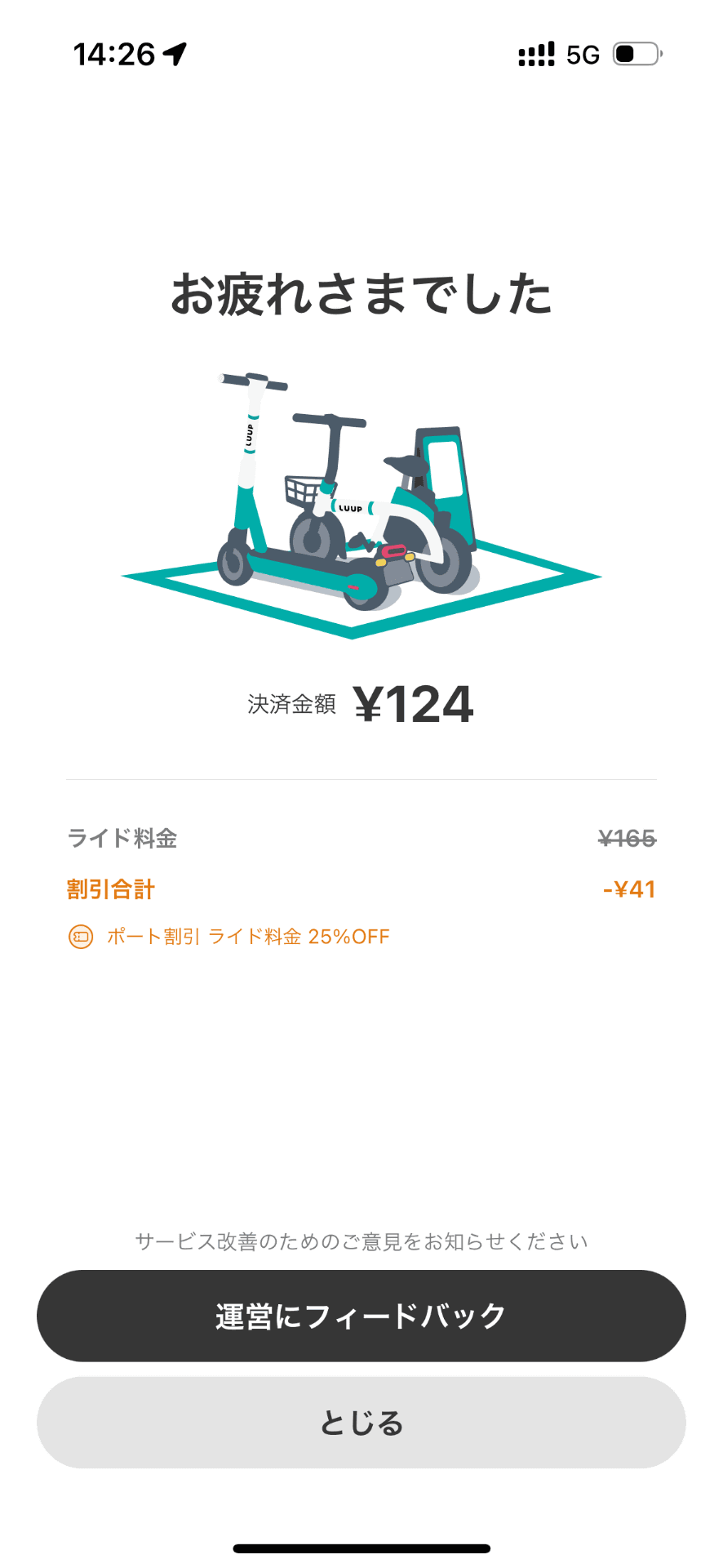 利用料は165円と東京より安め。さらにクーポンの適用で実際の支払いは124円で済んだ