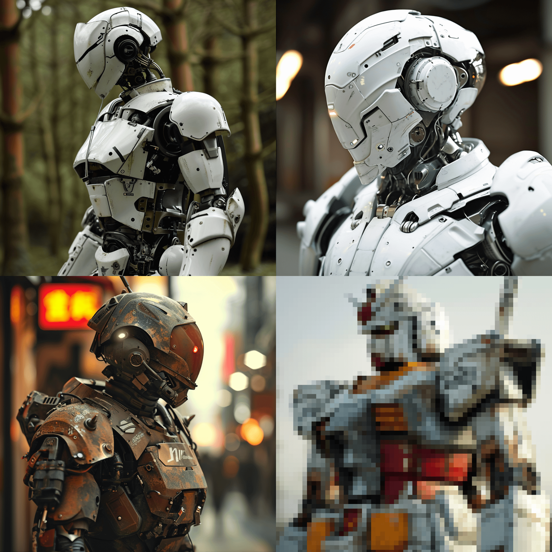 プロンプトは「Realistic photos of Japanese robot heroes.（日本のロボットヒーローのリアルな写真）」とした。あーっ右下は危険なほど似てるやつ！　モザイクをかけてゆきたいッ!!!　しかしまあ周囲の雰囲気まで含めて超リアルですな。