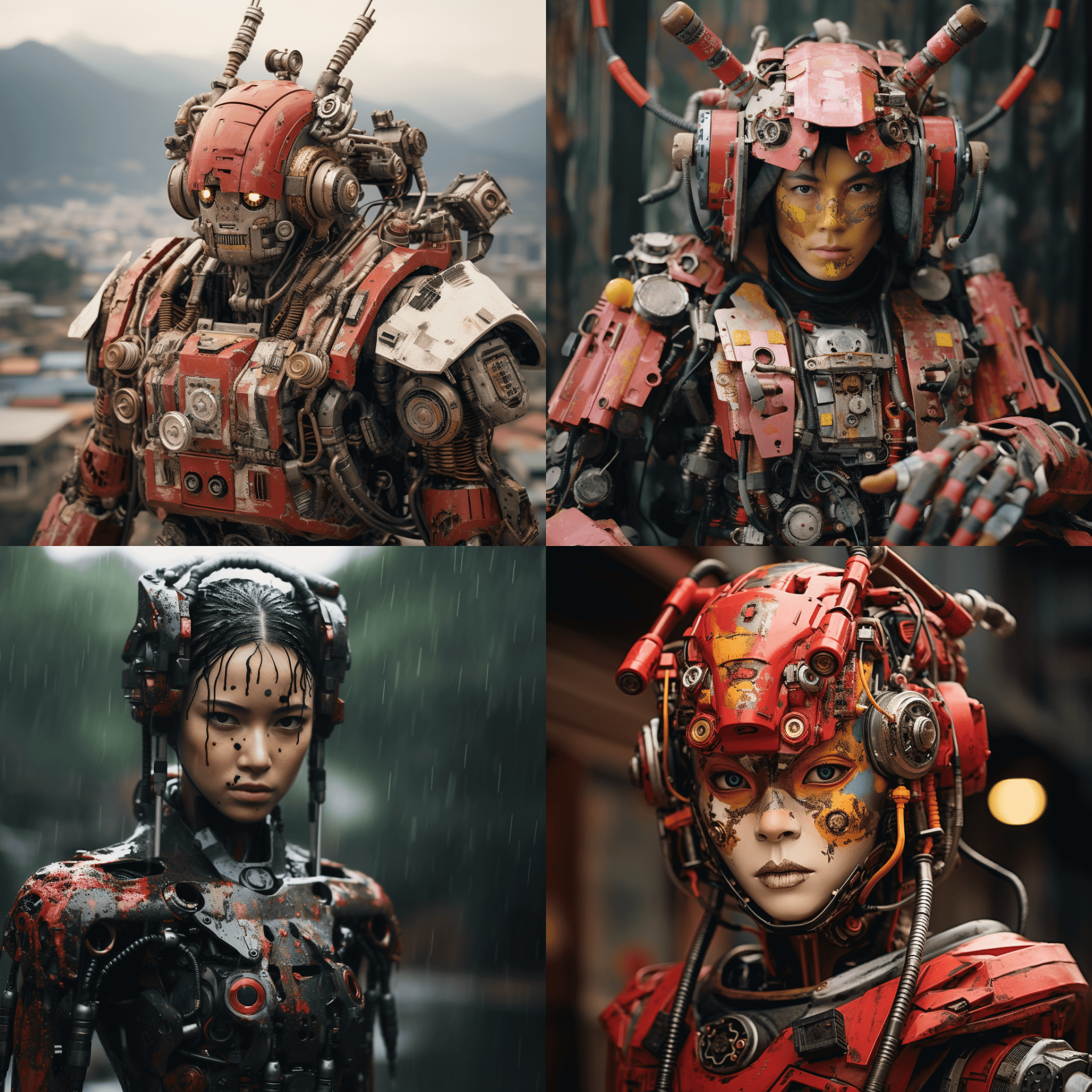 Midjourney V5.2による生成。このバージョンは昨年末まで最新だったもの。とてもリアルだが、「日本のロボットヒーローのリアルな写真」としては、ちょっと微妙。もっと詳しいプロンプトが必要なのだと思われる。